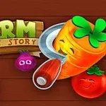 Rajzolt zöldségfigurák, köztük egy mosolygós sárgarépa, lila hagyma és paradicsom, fa háttér előtt, Farm Puzzle Story szöveggel