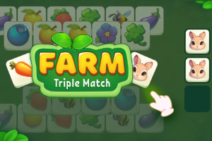 A képen különböző gyümölcsökkel és zöldségekkel díszített kártyák láthatóak zöld háttér előtt, középen a FARM Triple Match felirattal, mellette egy rajzolt egér alakú ikon