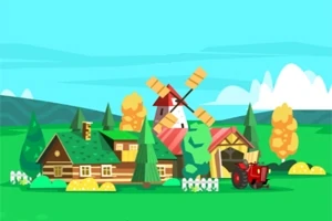 Rajzolt vidéki gazdaság szélmalommal, traktorral, faházzal és fákkal