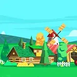 Rajzolt vidéki gazdaság szélmalommal, traktorral, faházzal és fákkal