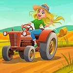 Egy szőke hajú nő zöld felsőben vezet egy piros traktort vidám, napos tájon, amelyet szalmabálák tarkítanak