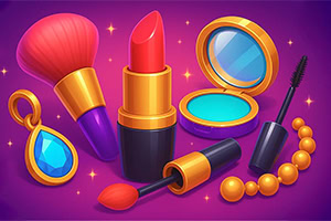 Rúzs, arcpúder, fülbevalók, szempillaspirál és gyöngysor egy lila háttér előtt
