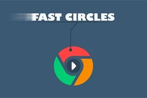 Sötét háttér előtt FAST CIRCLES szöveg és egy színes, kör alakú logó látható, közepén lejátszási ikonnal