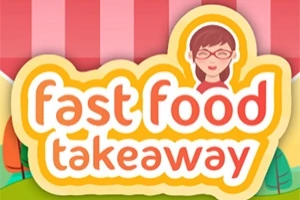 Színes logó piros-fehér csíkos háttérrel, fast food takeaway felirattal és egy szemüveges személy illusztrációjával