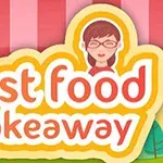 Színes logó piros-fehér csíkos háttérrel, fast food takeaway felirattal és egy szemüveges személy illusztrációjával