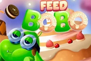 Zöld, szemüveges karakter egy süteményekkel teli háttér előtt, Feed Bobo szöveggel