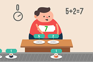 Egy rajzfilmfigura áll a futószalag előtt, tányérokon számokkal, a háttérben matematika feladvány látható