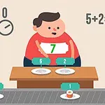 Egy rajzfilmfigura áll a futószalag előtt, tányérokon számokkal, a háttérben matematika feladvány látható