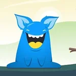 Egy kék, vidám szörnyeteg középen, mosolygó arccal, körülötte fák sárga gyümölcsökkel és tüskés, fekete gömbökkel