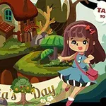 Rajzolt táj díszes házakkal, egy mosolygó kislánnyal és egy bagoly figurával, az előtérben a Felicias Day felirattal