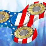 Amerikai zászló mintás fidget spinner három arany színű középpontokkal, kék háttérrel