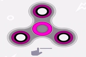 Szürke háttér előtt egy lila és szürke színű fidget spinner, amely alatt egy kéz ikon mutat egy vízszintes vonalra