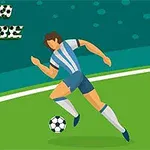 Egy stilizált focista fut a labdával egy zöld focipályán, a háttérben pontozott kék ég látható, a bal felső sarokban „FIFA Score” felirat