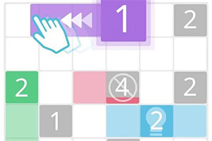 Színes számokkal ellátott négyzetek egy rácsos elrendezésben, egy kéz ikon mutat a bal felső sarok felé