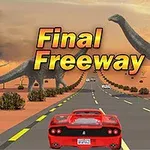 Egy piros sportautó halad egy sivatagi autópályán óriási dinoszauruszok mellett, naplemente háttérrel és a Final Freeway felirattal