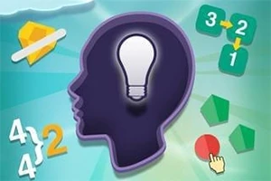 Egy sötét fej sziluett közepén villanykörte, körülötte matematika jelek és színes geometriai alakzatok láthatók