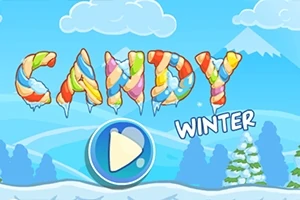 Színes cukorka betűkből álló Candy Winter felirat havas háttérrel és egy játékgombbal