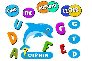 Kék delfin kép, amely körül színes betűk és szövegbuborékok találhatók