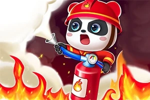 Rajzfilmstílusú panda tűzoltó felszerelésben porral oltóval tüzet olt