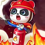 Rajzfilmstílusú panda tűzoltó felszerelésben porral oltóval tüzet olt