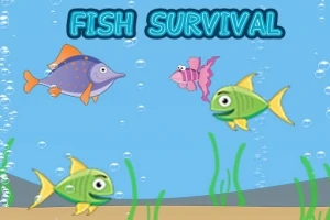 Tarka halak úsznak a víz alatti, buborékos környezetben, zöld növények mellett, FISH SURVIVAL felirattal a tetején