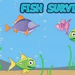 Tarka halak úsznak a víz alatti, buborékos környezetben, zöld növények mellett, FISH SURVIVAL felirattal a tetején