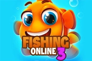 Egy vidám, nagy szemű, rajzolt narancssárga hal egy kék háttérrel, rajta FISHING ONLINE 3 felirattal