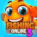 Egy vidám, nagy szemű, rajzolt narancssárga hal egy kék háttérrel, rajta FISHING ONLINE 3 felirattal