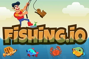Rajzfilmszerű férfi horgászik egy csizmával, alul színes halak és egy rák úsznak a vízben, a háttérben felhők láthatók, és a középen Fishing