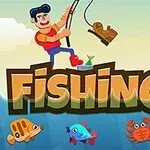 Rajzfilmszerű férfi horgászik egy csizmával, alul színes halak és egy rák úsznak a vízben, a háttérben felhők láthatók, és a középen Fishing