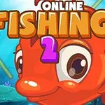 Egy nagy, mosolygós piros hal színes háttér előtt lebeg, felette Online Fishing 2 felirat látható