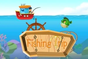Pirossárga halászhajó kék vízen halad egy emberrel és bottal, miközben egy zöld hal úszik alatta, egy fából készült táblán pedig a „Fishing Trip” felirat látható