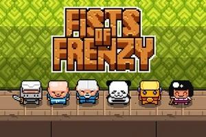 Hat színes, pixeles karakter áll egymás mellett egy zöld, mintás háttér előtt, Fists of Frenzy felirattal a tetején