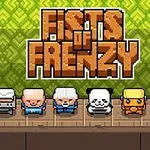 Hat színes, pixeles karakter áll egymás mellett egy zöld, mintás háttér előtt, Fists of Frenzy felirattal a tetején