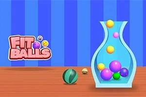Színes golyók egy átlátszó kék tartályban, kék csíkos háttér előtt, FA padlón, balra Fit Balls felirattal