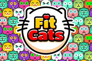 Színes macskafejek mintázata, középen egy nagyobb macskafej alakú keretben Fit Cats felirattal