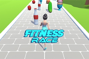 Egy női figura fut egy kanyargós úton különböző színes akadályok között, miközben a Fitness Race felirat a kép alsó részén olvasható