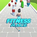 Egy női figura fut egy kanyargós úton különböző színes akadályok között, miközben a Fitness Race felirat a kép alsó részén olvasható