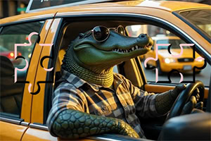 Egy aligátor, napszemüvegben, kockás inget viselve, vezet egy sárga taxit