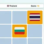 Négyzetekben különböző országok zászlói láthatók egy játéktáblán, a képen Thaiföld zászlaját is kiemelték