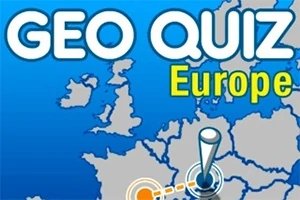 Kék háttér előtt Európa térképe, rajta Geo Quiz Europe felirattal, középen jelölővel