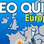 Kék háttér előtt Európa térképe, rajta Geo Quiz Europe felirattal, középen jelölővel