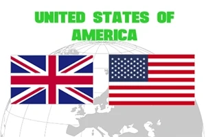 Az amerikai és brit zászló egymás mellett egy földgömb előtt, United States of America felirattal
