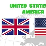 Az amerikai és brit zászló egymás mellett egy földgömb előtt, United States of America felirattal