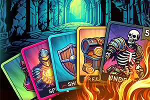 Színes játékkártyák egy sötét, misztikus alagútban, lángokkal az előtérben