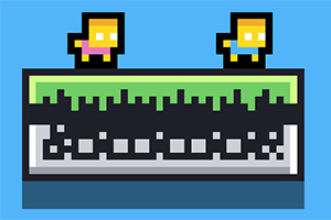 Két pixelart figura áll egy zöld fűvel borított platformon, kék háttérrel