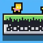 Két pixelart figura áll egy zöld fűvel borított platformon, kék háttérrel
