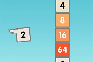 Flappy 2048 Színes számokkal ellátott négyzetek oszlopban, mellettük egy szárnyas 2 számjegyet tartalmazó négyzet a kék háttér előtt