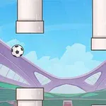 Egy rajzfilmes jelenet, ahol egy futball-labda lebeg fehér csövek között, a háttérben pedig egy modern stadion és kék ég látható