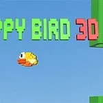 Egy sárga madár repül a kék égen, pixelgrafikával és zöld csövekkel körülvéve, a háttérben a FLAPPY BIRD 3D felirat látható